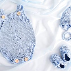 KNITTING PATTERN: Baby Romper, Bonnet and Shoes "Uni Olive" PDF Knitting Pattern / Baby Set / 5 Sizes