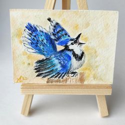 Blue jay Original Watercolor Art ACEO bird Miniature Artwork painting 
