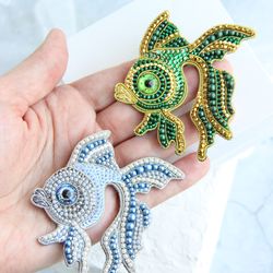 Fish brooch, fish jewelry, beaded fish brooch, embroidered fish brooch, gold fish brooch, beaded fish brooch
