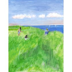 summer days, summer landscape with sea, green grass and people. original painting 8x6''