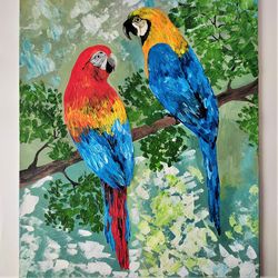 Parrots Original Painting Impasto Wall Art Colorful Birds Framed Artwork Birds Textured Painting Parrots Wall Decor