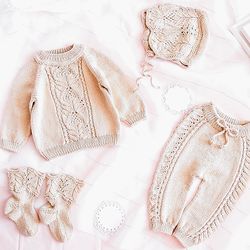 KNITTING PATTERN: Baby SET "Be Kind" / pdf / Seamless Jacket, Trousers, Bonnet and Socks for Baby and Child / 8-7 Sizes