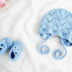 KNITTING PATTERN: Baby Bonnet and Shoes "Uni Olive" PDF Knitting Pattern / Baby Set / 4 Sizes