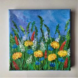 Dandelions mini painting Wildflowers original art wall decor landscape artwork flower field impasto painting