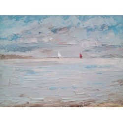 Sailing art Oil painting Original art Sailboat painting Nautic art Sea landscape Red sailboat Small art Oil art