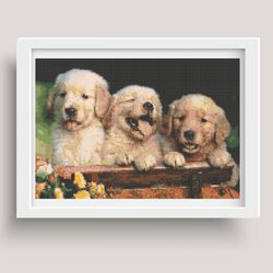 PDF file, cross stitch pattern, Puppies in a basket