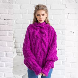 Knitted Poncho Fuchsia Hand Knitted Oversize Sweater. High-quality handmade.