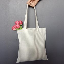 Reusable striped linen shopping bags with long handles, Eco friendly cloth grocery market tote bag