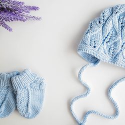 KNITTING PATTERN: Baby Bonnet and Booties  "Leaf Fantasy" / Baby Bonnet / Baby Booties /Socks 4 Sizes