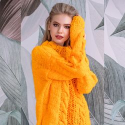 Knitted Sweater Yellow Oversize Hand Knitted Jumper. High-quality handmade.
