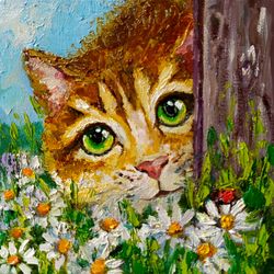 Cat Painting Pet Original Art Animals Wall Art Canvas Daisy Flower Painting Oil