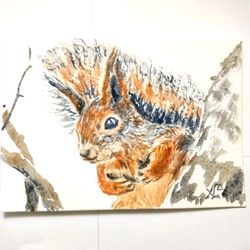 Squirrel Painting Original Watercolor Art ACEO animal forest Miniature Artwork painting 