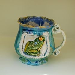 Handmade art mug Princess Frog Relief mug Blue Pottery Mug Fairy cup For tea and coffee Beautiful frog mug Gift for her