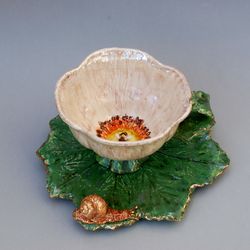 Green pink Cup saucer set Botanical porcelain snail Leaf plate bee Surprise mug Pink flower Tea Set Fine art ceramics