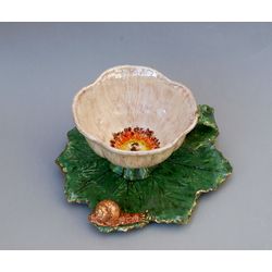 Green pink Cup saucer set Botanical porcelain snail Leaf plate bee Surprise mug Pink flower Tea Set Fine art ceramics