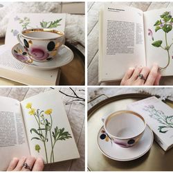 Vintage gift, botanical book, cup and plate, porcelain, botanical print, plants illustrations, nature lover gift