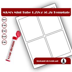 M&M's Mini's Tube Label 1.77 Oz 50.2g, M and M Tube Wrapper Template, SVG, DXF, Pdf, PsD, PNG, 8.5x11 Sheet printable