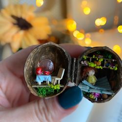 Diorama.Tiny fairy garden house. Walnut shell diorama with tiny doll. Dollhouse miniatures.