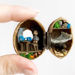 Fairy garden house, wooden toys. Fairy house kit. Walnut shell diorama. Fairy garden castle. Micro crochet dog. Doll hou