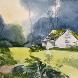 Vineyard Painting Original Watercolor Landscape House Artwork Sarai Wall Art by Olivkan