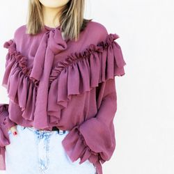 Edwardian Women ruffle Blouse purple boho chiffon long sleeve blouse, Victorian style blouse. Romantic Lolita blouse Coz