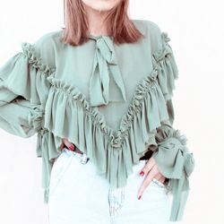 boho chiffon long sleeve blouse dusty mint Edvardian Women ruffle Blouse, Victorian style blouse. Romantic Lolita blouse