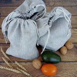 Zero waste reusable produce linen bags for kitchen storage, Sustainable food bags for fruit and vegetables, Vegan gift