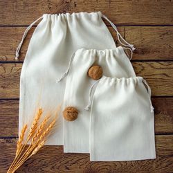 White reusable bags for food storage, Zero waste vegan shopping bag, Washable produce linen bags with drawstring