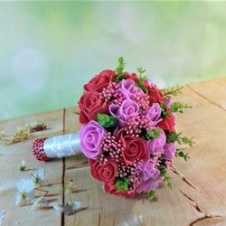 Wedding Bouquet, Classic rose bouquet, Red and Pink Bouquet, Artificial flowers bridal bouquet, Faux flower bouquet