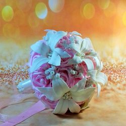 Wedding Bouquet, Roses and lily bouquet, Pink and White Bridal Bouquet, Artificial flowers bouquet, Faux flower bouquet