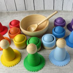 Rainbow Large Wooden Peg dolls, wooden bowls and balls, toddler color sorting game, Color Sorting Activities
