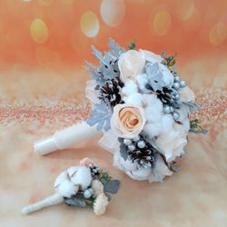 Winter wedding Bouquet, Silk roses, cotton and pine cones bouquet, Faux bridal bouquet for winter wedding