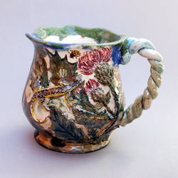 Lizard Art mug Floral decor thistle Embossed mug Botanical ceramics Hand painted Green mug Beautiful cup with decor