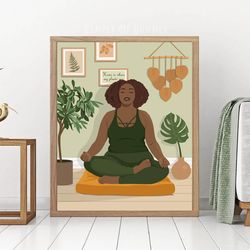 curvy black woman meditating poster, melanin women art, gift for yoga lover, plus size black girl, printable digital art