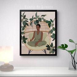 Black woman with short natural hair art, boho wall decor, PRINTABLE wall art, inner peace poster, melanin women art
