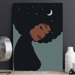 Black woman PRINTABLE wall art, african american girl with a starry sky in her hair, natural hair art, moon and stars