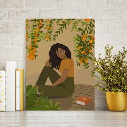 Black woman PRINTABLE wall art, black girl under tangerine tree, orange decor, african american art, melanin women art