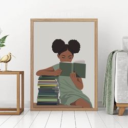 black child girl reading art, sage green decor, black girl room decor, digital art, black child, african american art