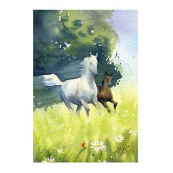Running horses Small painting Original watercolor art by Yulia Evsyukova