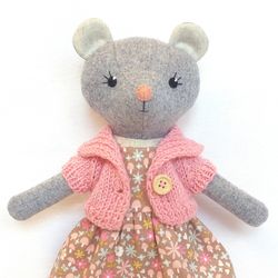 Gray mouse girl, wool plush rat, handmade stuffed doll
