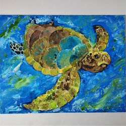 Turtle Original impasto Painting Sea Turtle Animal Wall Art Sea Textured Painting Ocean Wall Decor Turtle Framed Artwork