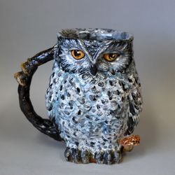 Owl Art mug Porcelain figurine Fairy bird Toby jug Ceramic statuette Forest Vase Big Beer mug Cute eagle-owl sculpture