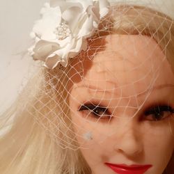 white bridal fascinator with veil, birdcage wedding veil, wedding headpiece with veil, bridal hair flower with veil