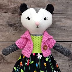 Gray possum girl, wool stuffed toy, plush stuffed animal doll