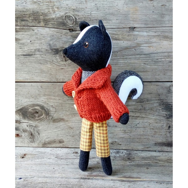 Skunk Rocker Plush Skunk boy, handmade plush animal, wool stuffed skunk doll - Inspire Uplift