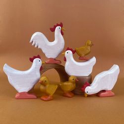 Wooden chicken family "white" (rooster + 3 hens + 3  chicks ) - Wooden animals - Farm animals - Wood rooster figurine