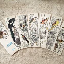 Birds bookmarks, birds illustrations, vintage nature prints, 1989