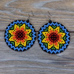 Seed Bead Earrings, Handmade Mandala Multi Color Jewelry, Tribal Boho Bohemian Indian American Style