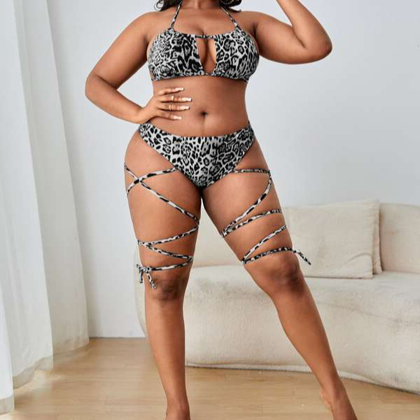 Plus Size Leopard Print Cut Out Lace Up High Waist Bikini Swimsuit Beachwear Swimwear Bikini Sets (1).jpg