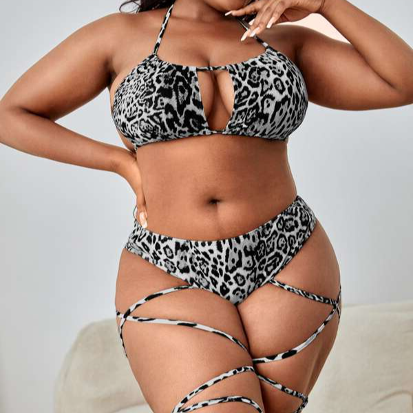 Plus Size Leopard Print Cut Out Lace Up High Waist Bikini Swimsuit Beachwear Swimwear Bikini Sets (2).jpg